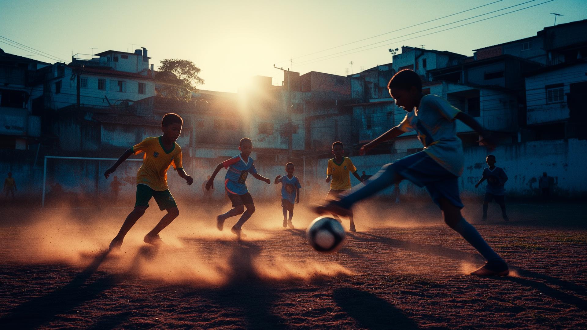 Crianças jogando futebol em campo de várzea no pôr do sol